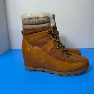 JustFab Tan and Brown Winter Wedge Boots